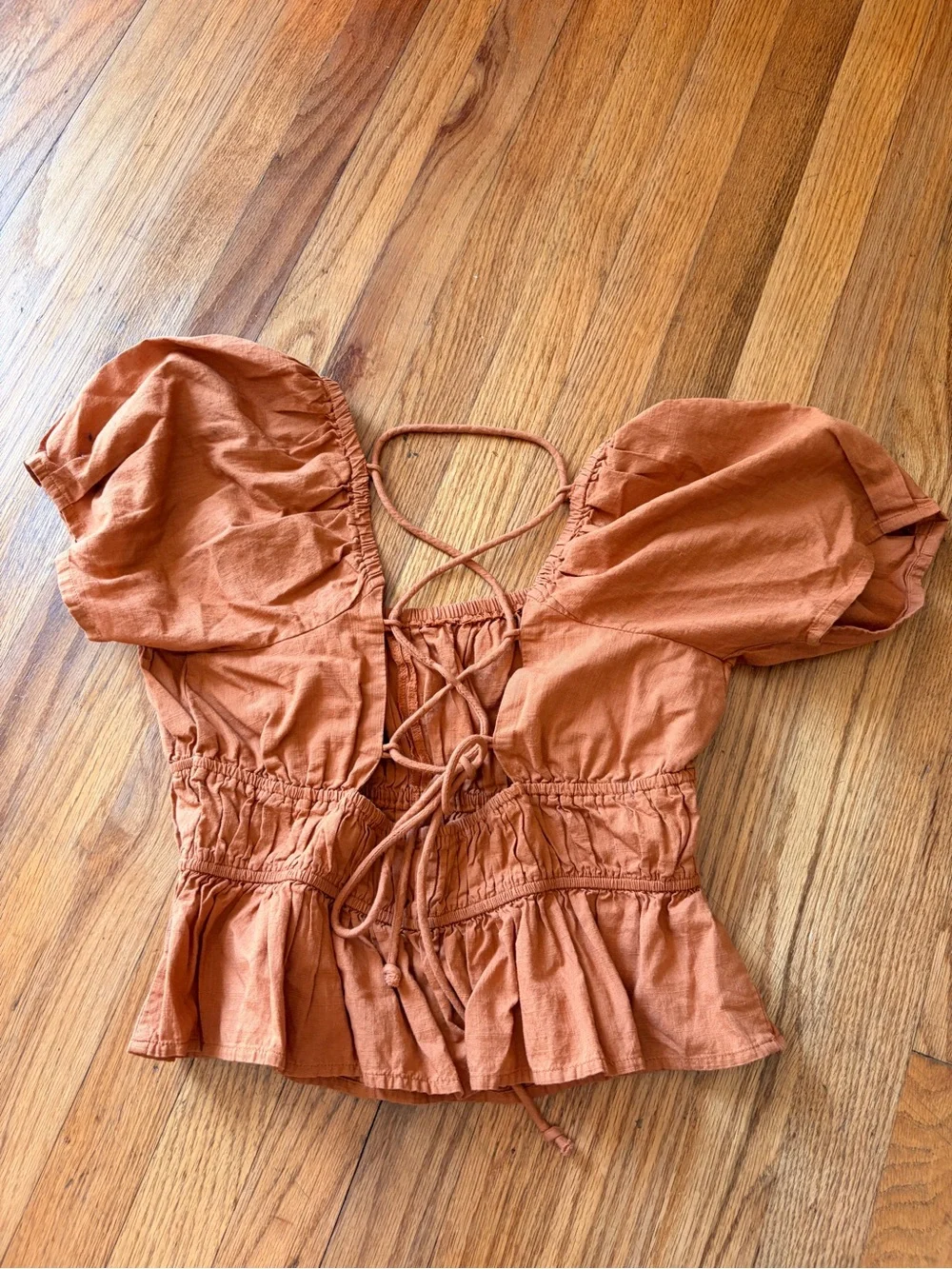 Free People Phoebe Top Rust Puff Sleeve Smocked Blouse 100% Cotton Small